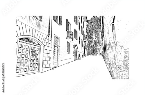 Building view with landmark of Bergamo is a city in the alpine Lombardy region of northern Italy. Hand drawn sketch illustration in vector.