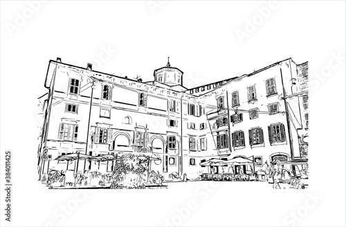 Building view with landmark of Bergamo is a city in the alpine Lombardy region of northern Italy. Hand drawn sketch illustration in vector.