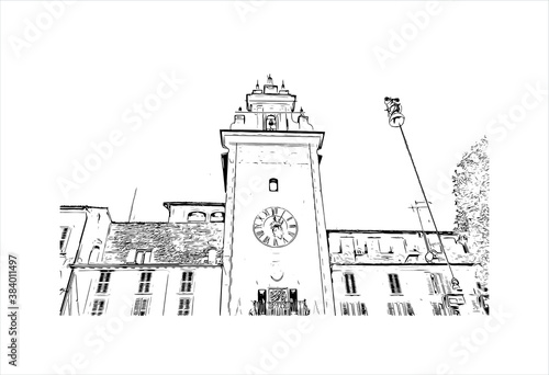 Building view with landmark of Bergamo is a city in the alpine Lombardy region of northern Italy. Hand drawn sketch illustration in vector.