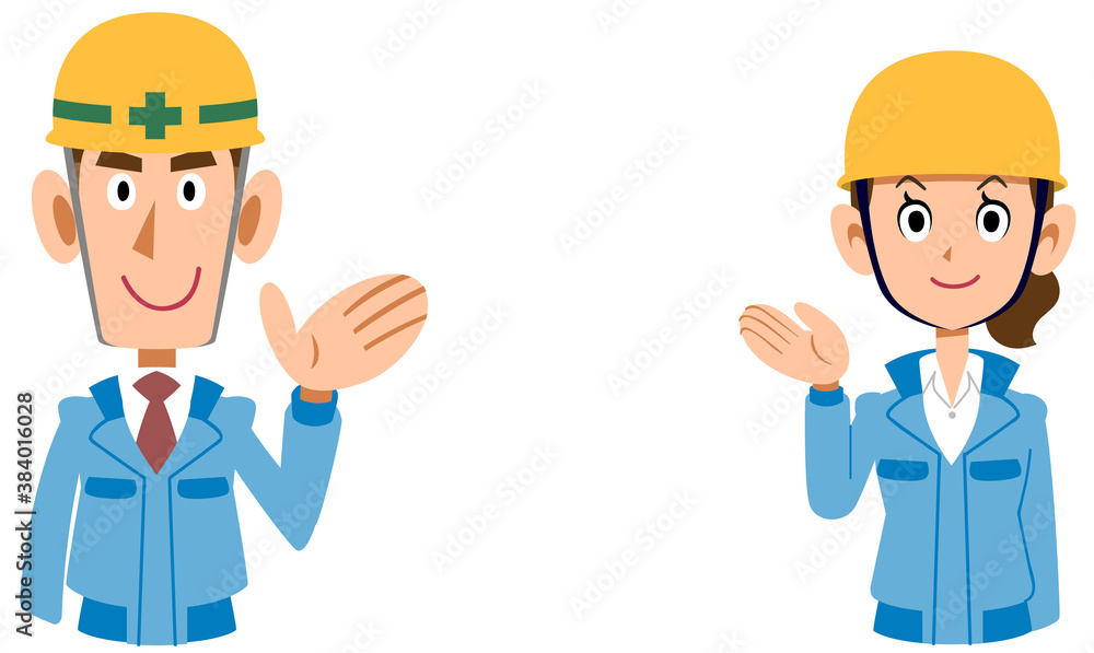 手で案内する青い作業服を着たヘルメット着用の男女の上半身
