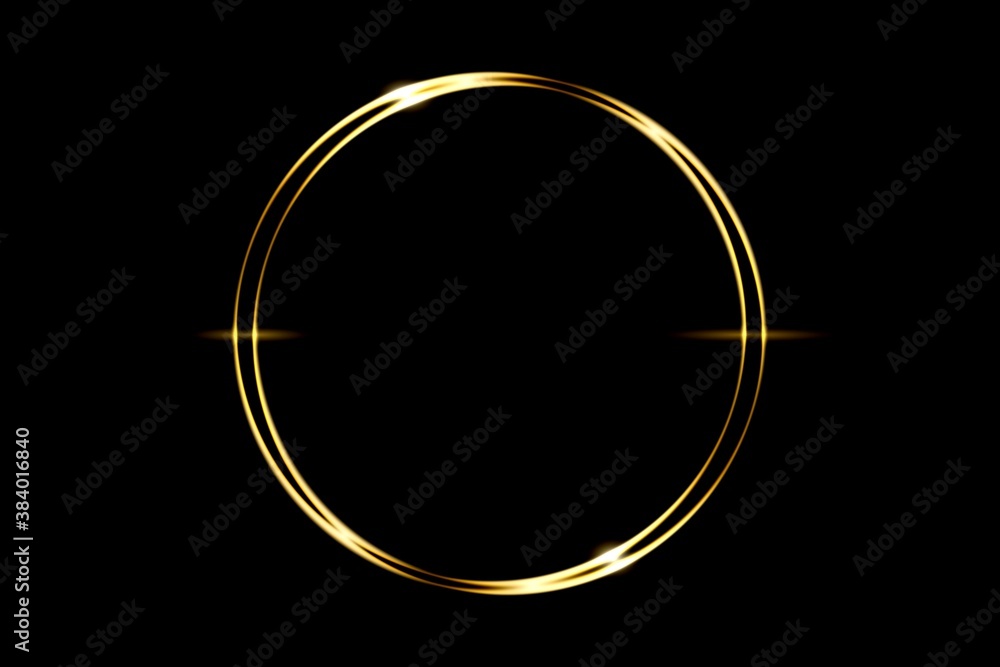 Glowing gold circle ring with light effect on black backdrop, abstract background
