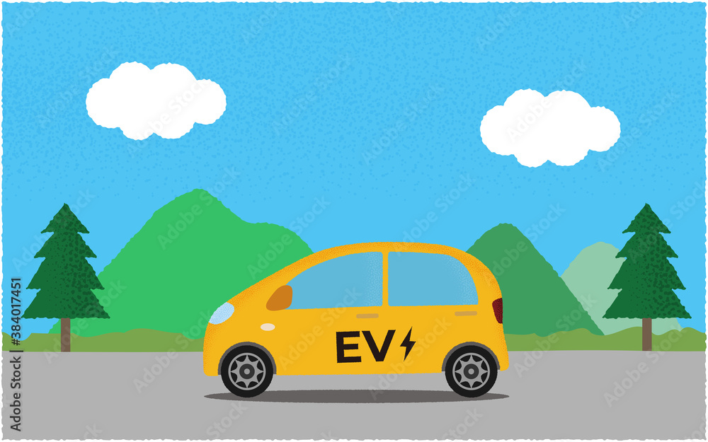 山沿いの道を進む黄色い電気自動車のベクターイラスト