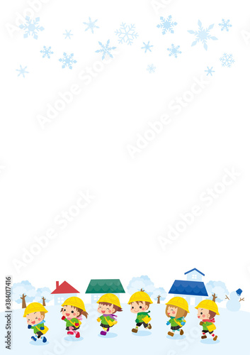 雪の降る街を走り回る可愛い幼稚園児キッズグループのイラストセット