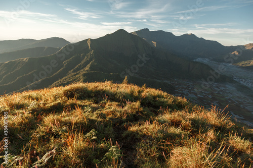 Photography Sembalun village landscape in east lombok filled with fog in the morning, view f