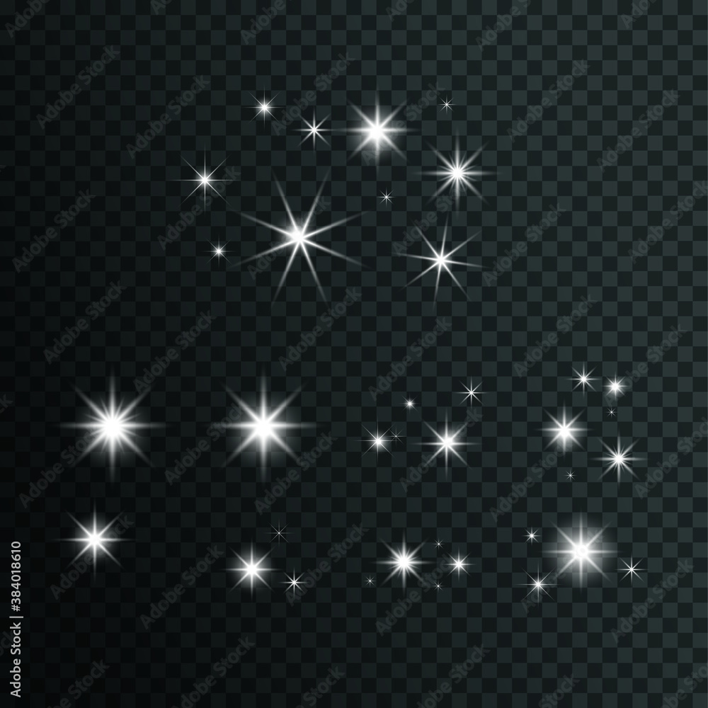 Set white glowing light explodes on a transparent background. Sparkling magical dust particles. Bright Star. Transparent shining sun, bright flash. Vector sparkles. To center a bright flash stars Set white glowing light explodes on a transparent background. Sparkling magical dust particles. Bright Star. Transparent shining sun, bright flash. Vector sparkles. To center a bright flash stars