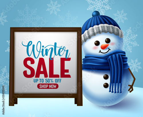 Winter sale vector banner template. Winter sale promotion in white frame for text with snowman 3d character and snowflakes background for promotional purposes design. Vector illustration
