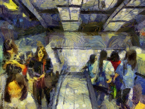 Passengers at the subway station Illustrations creates an impressionist style of painting. © Kittipong