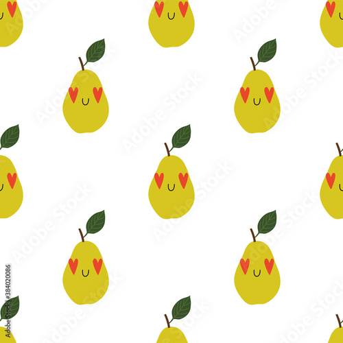 Kawaii Cartoon Pear in love. Patterns 