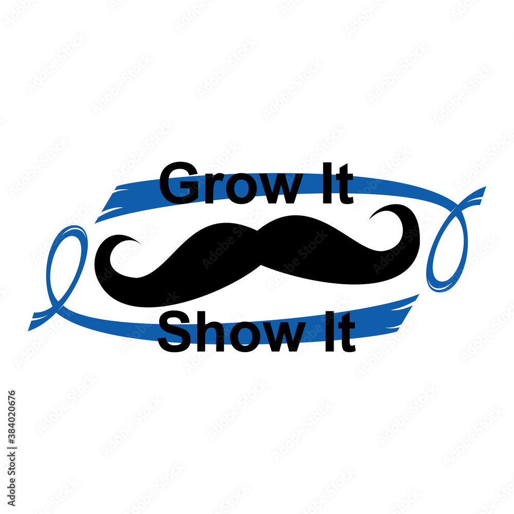 Blue Ribbon and Mustache Cancer Awareness Vector Template Design. Grow It Up Text Card Vector. Blue Ribbon and Mustache Cancer Awareness Vector Template Design. Grow It Up Text Card Vector.