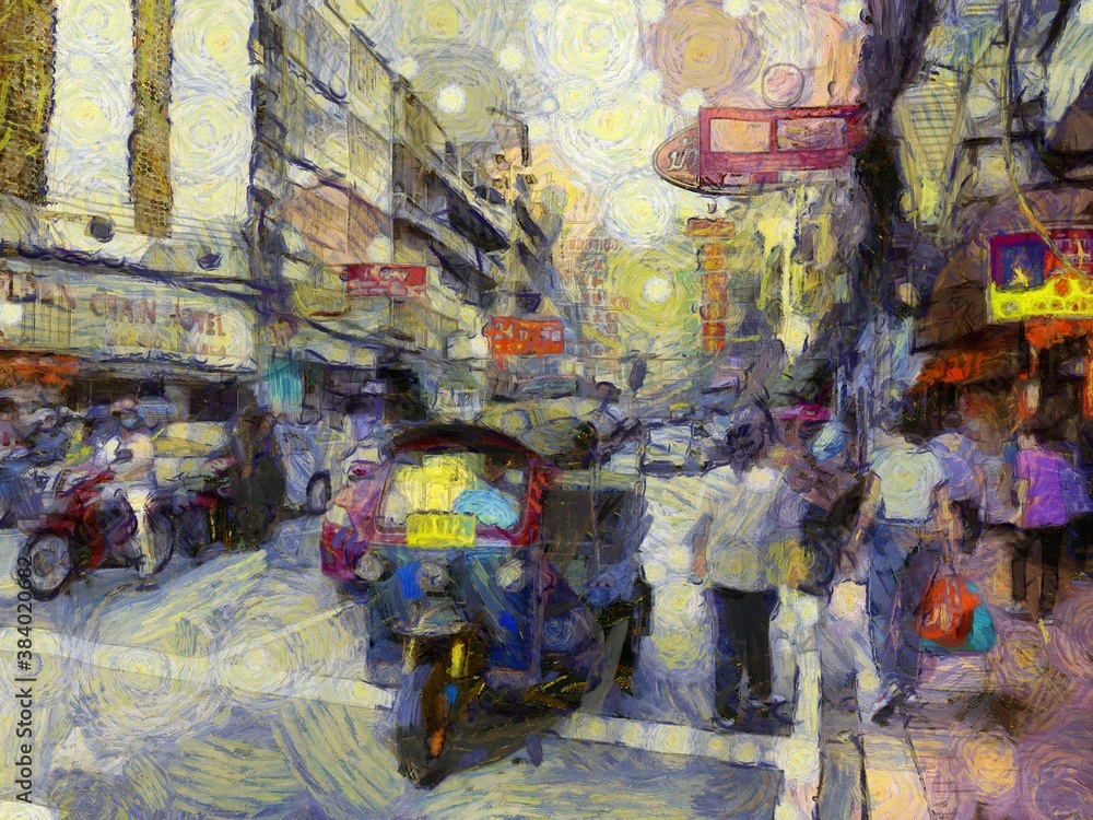 Fototapeta premium Yaowarat China Town, Bangkok Illustrations creates an impressionist style of painting.