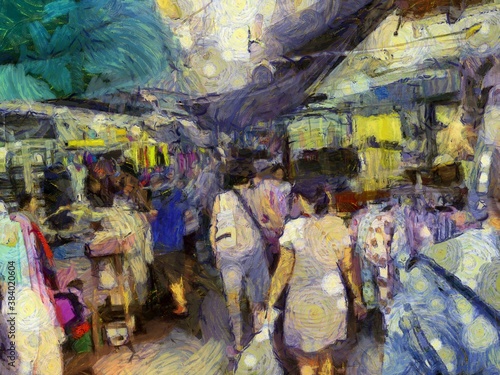 Bangkok night market Illustrations creates an impressionist style of painting. © Kittipong