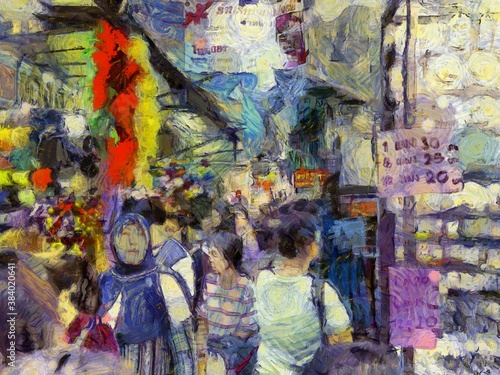 Bangkok night market Illustrations creates an impressionist style of painting. © Kittipong