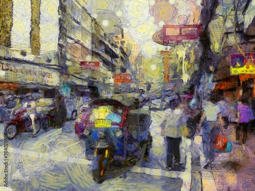 Yaowarat China Town, Bangkok Illustrations creates an impressionist style of painting. © Kittipong