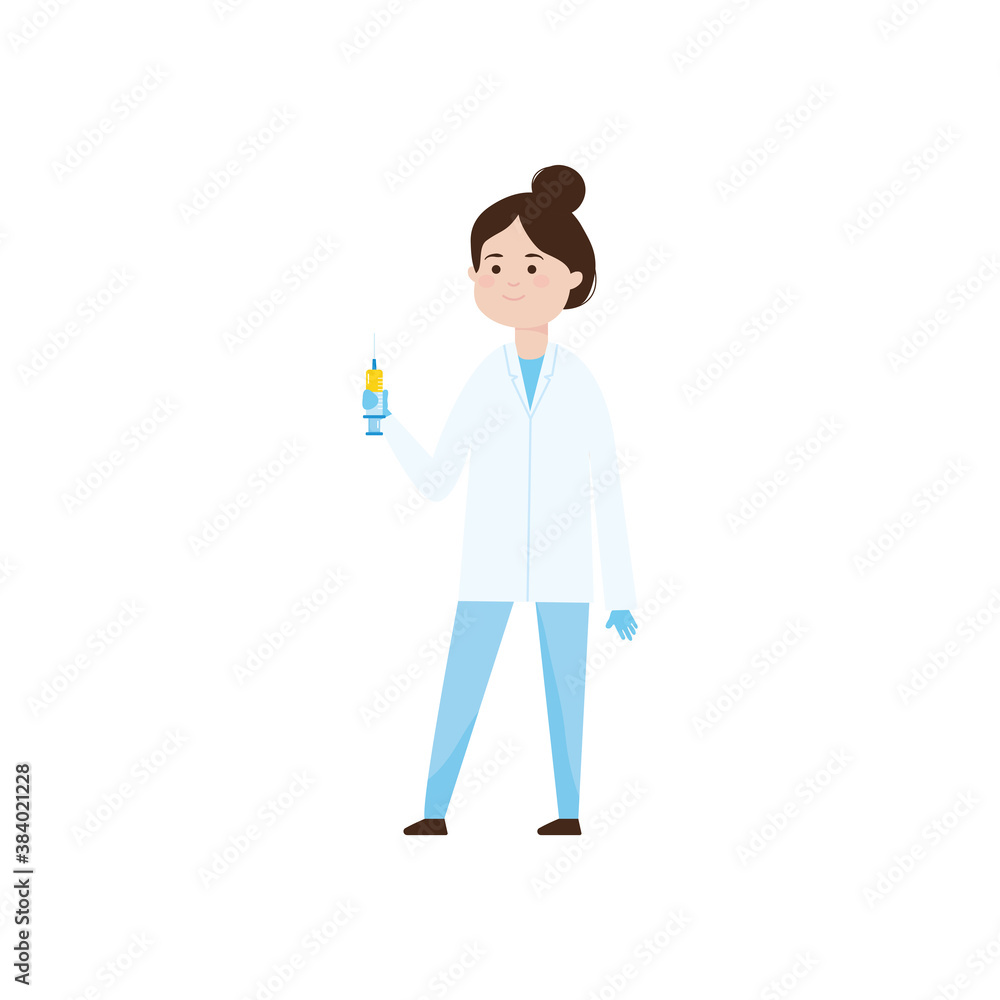 cartoon doctor woman standing holding a syringe, colorful design
