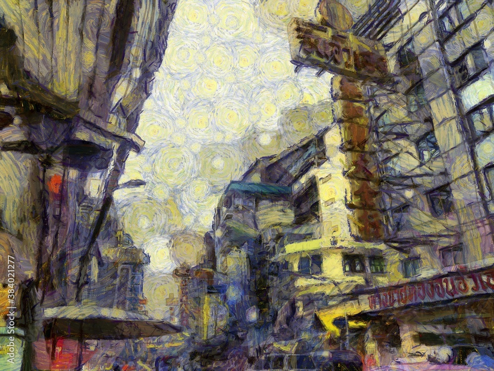 Obraz premium Yaowarat China Town, Bangkok Illustrations creates an impressionist style of painting.
