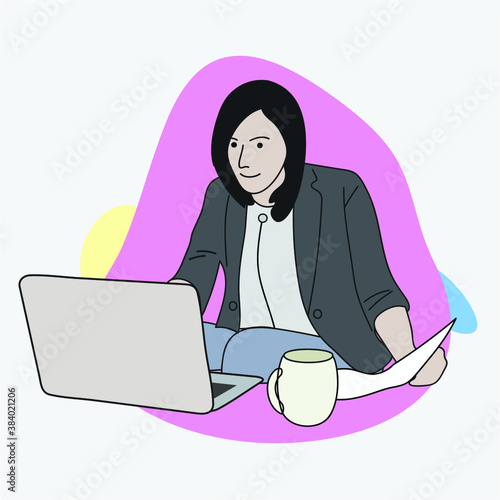 Happy business woman with multitasking skills sitting at his laptop in a minimalist style, Multitasking, time management and productivity concept, Vector illustration, Women working from home