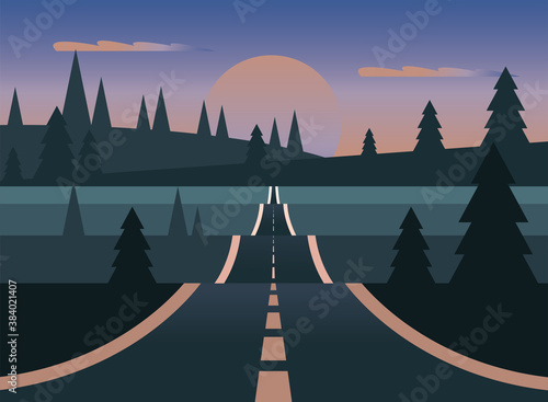 landscape of street with moon and pine trees vector design