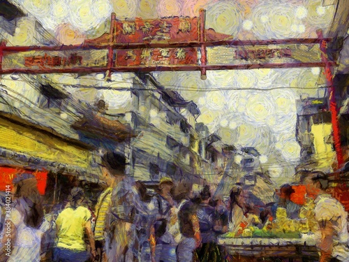 Yaowarat China Town, Bangkok Illustrations creates an impressionist style of painting.