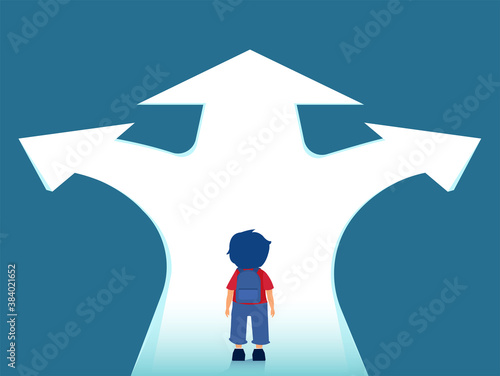 Vector of a boy with backpack standing at crossroads thinking which way to go