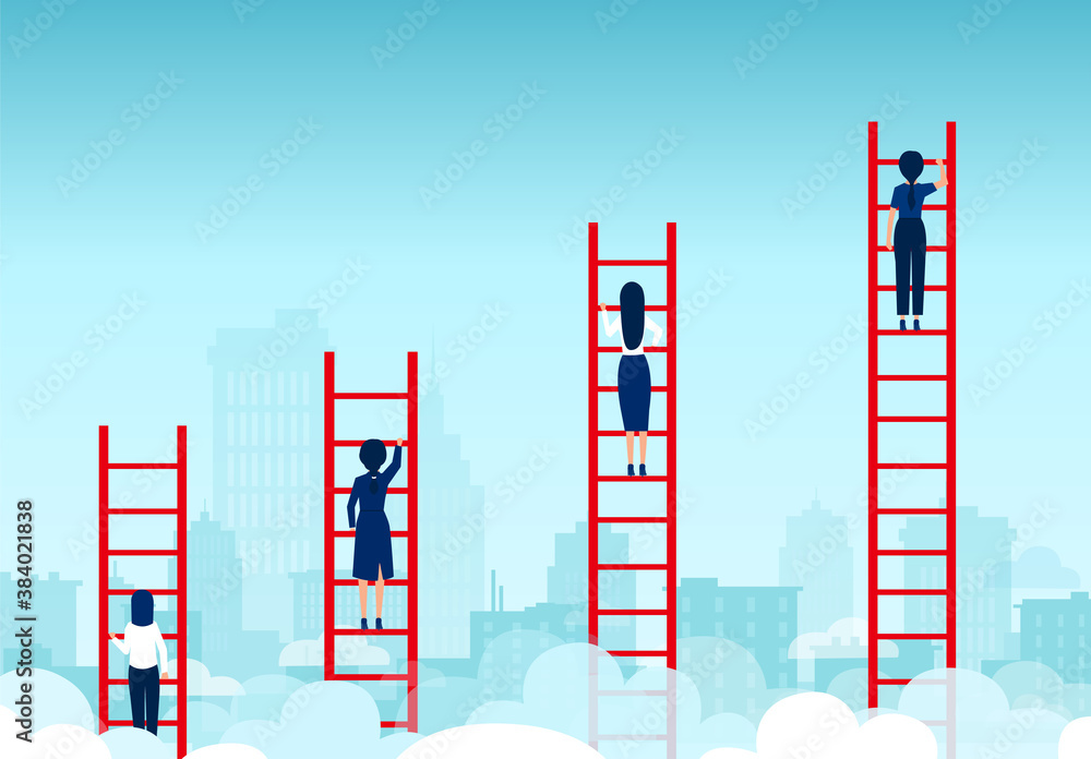 Obraz premium Vector of competing businesswomen climbing up ladder of success
