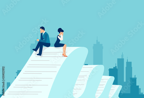 Vector of a sad businessman and woman sitting on a very long contract document feeling desperate