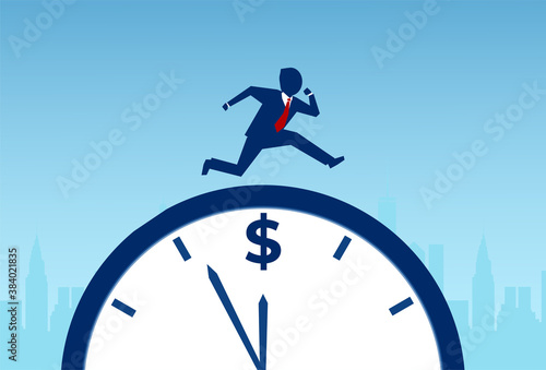 Vector of a businessman running on the clock
