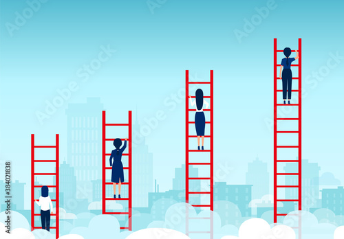 Vector of competing businesswomen climbing up ladder of success