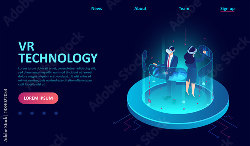 Vector of a man and woman wearing goggle VR interacting with touch interface