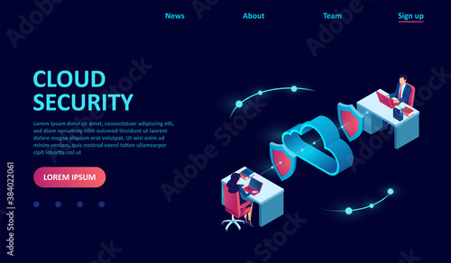 Vector of business people working on computers using secure cloud service