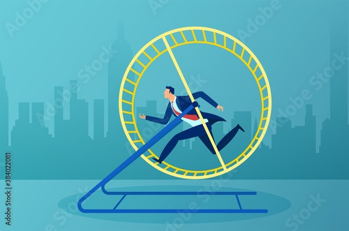 Vector of a busy business man running in a hamster wheel