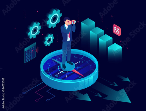 Vector of a business man standing on a compass and looking into binoculars for new financial opportunities