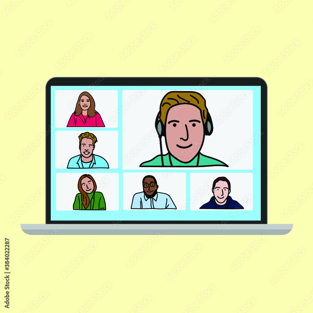 Conference video call, remote project management with team, quarantine, chat with friends. Vector illustration in a minimalist style, laptop with teleconferencing vector during during quarantine