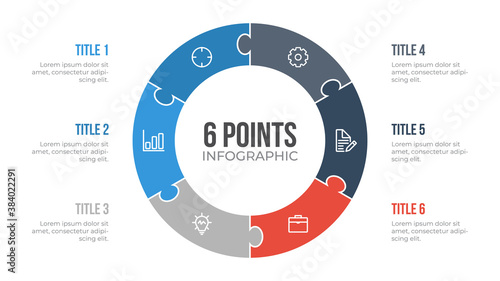 6 points circle infographic element vector with puzzle, can be used for workflow, steps, options, list, processes, presentation slide, report, etc.