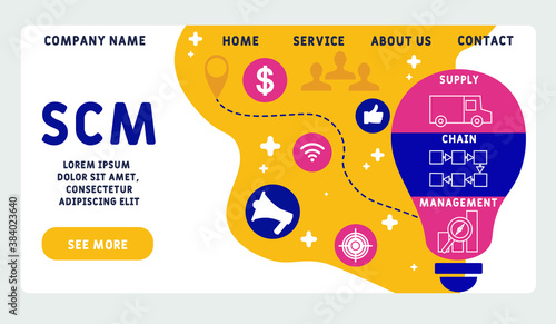 Vector website design template . SCM - Supply Chain Management  acronym, business concept. illustration for website banner, marketing materials, business presentation, online advertising.