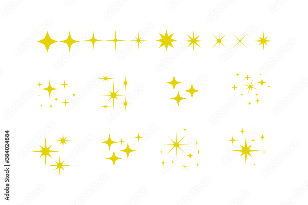 Yellow, gold, orange sparkles symbols vector. Set of original vector stars sparkle icon. Bright firework, decoration twinkle, shiny flash. Glowing light effect stars and bursts collection. Vector Set
