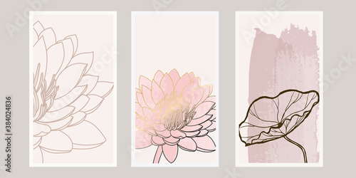 Luxury pink lotus background vector with golden metallic decorate wall art