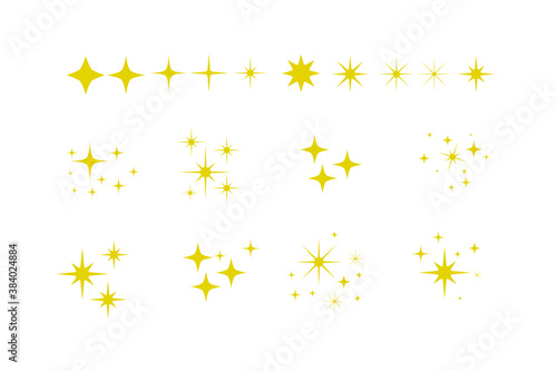 Yellow, gold, orange sparkles symbols vector. Set of original vector stars sparkle icon. Bright firework, decoration twinkle, shiny flash. Glowing light effect stars and bursts collection. Vector Set 