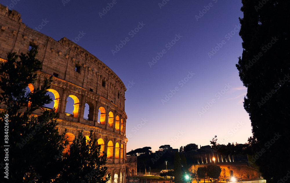 Colosseum at dusk in Rome, Italy