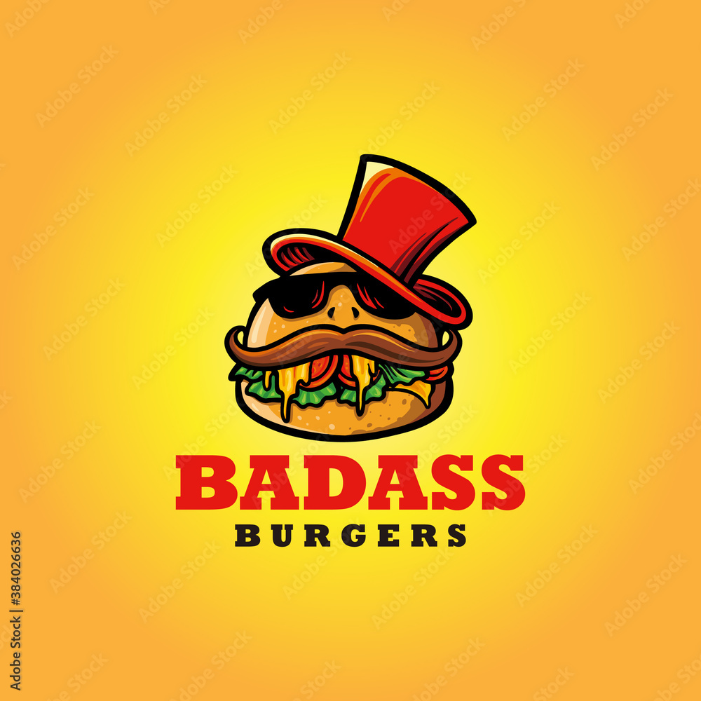 Logo Badass Burger Fast Food Mascot with hat Illustrations for your restaurants, cafe delicious