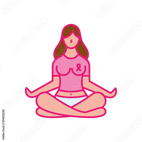 breast cancer woman doing yoga with ribbon tshirt line and fill style icon vector design