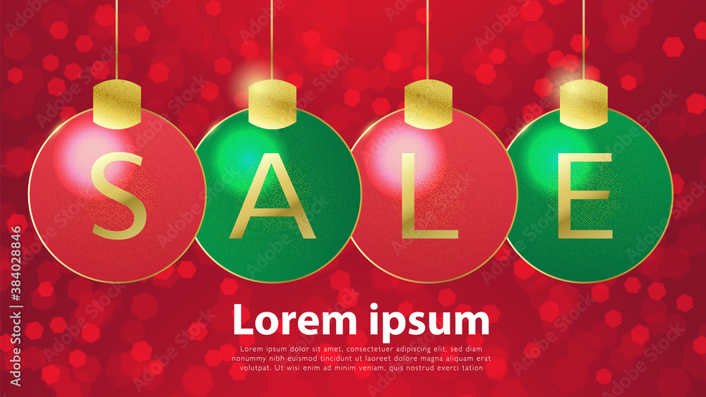 Winter sale banner concept background. Christmas Ball ornaments on red bokeh background. Vector illustration template