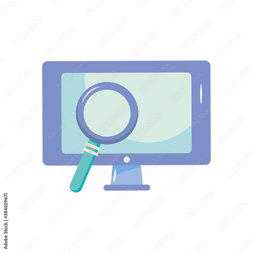 magnifying glass and computer, flat style magnifying glass and computer, flat style