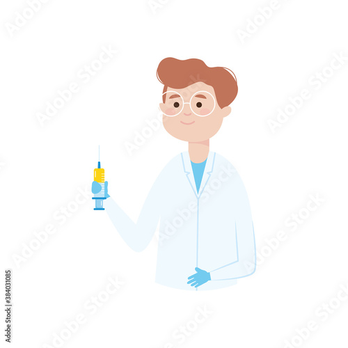 cartoon doctor holding a vaccine, colorful design