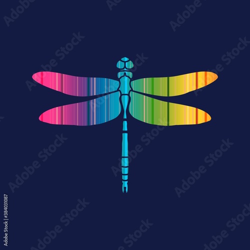 Dragonfly sign for branding identity. Silhouette of insect textured by gradient lines