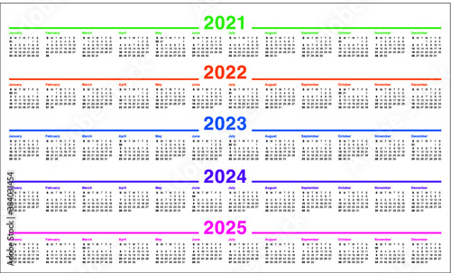 Year 2021 2022 2023 2024 2025 calendar vector design template, simple and clean design