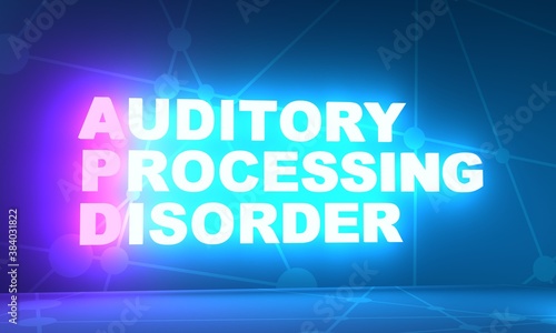 APD - Auditory processing disorder acronym. Medical concept background. 3D rendering. Neon bulb illumination