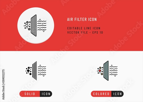 Air filter icons set editable stroke vector illustration. Anti bacteria flow system concept. Icon line style on isolated background for ui mobile app, web design, and presentation.