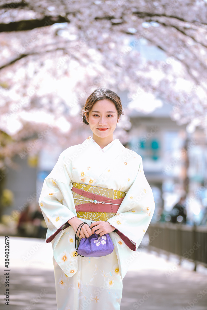 Girls Wearing Kimono with cherry blossoms in spring, Kyoto, Japan Girls Wearing Kimono with cherry blossoms in spring, Kyoto, Japan