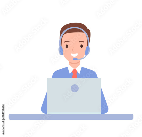 The guy is an operator with headphones and a laptop. Technical support for customers 24-7, telephone hotline for business. Vector illustration in flat style.
