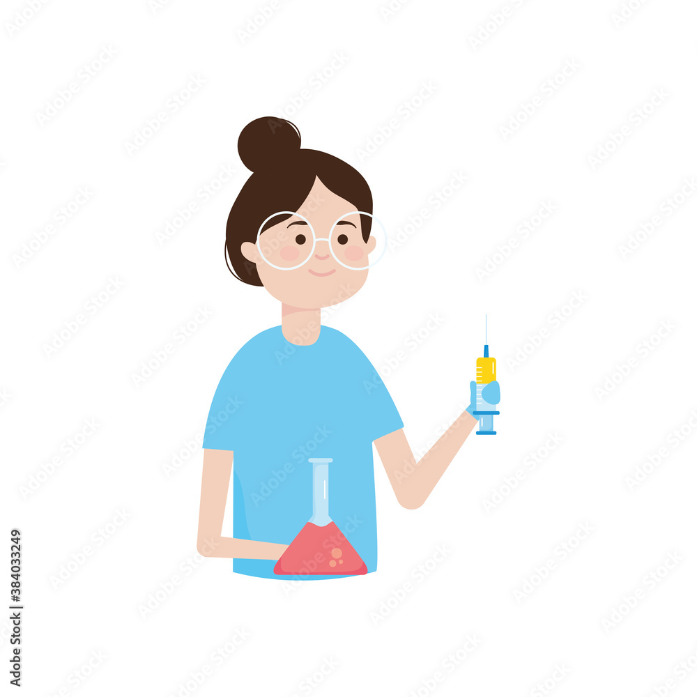 cartoon woman holding a chemical flask and vaccine syringe, colorful design cartoon woman holding a chemical flask and vaccine syringe, colorful design